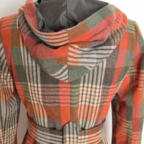 Jack BB Dakota coat jacket rust brown plaid hooded olive green womens S - Picture 6 of 8
